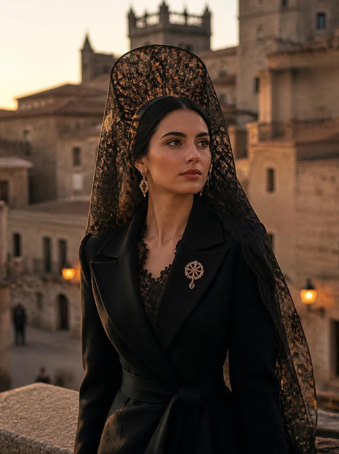 Mujer con abrigo negro y mantilla al atardecer