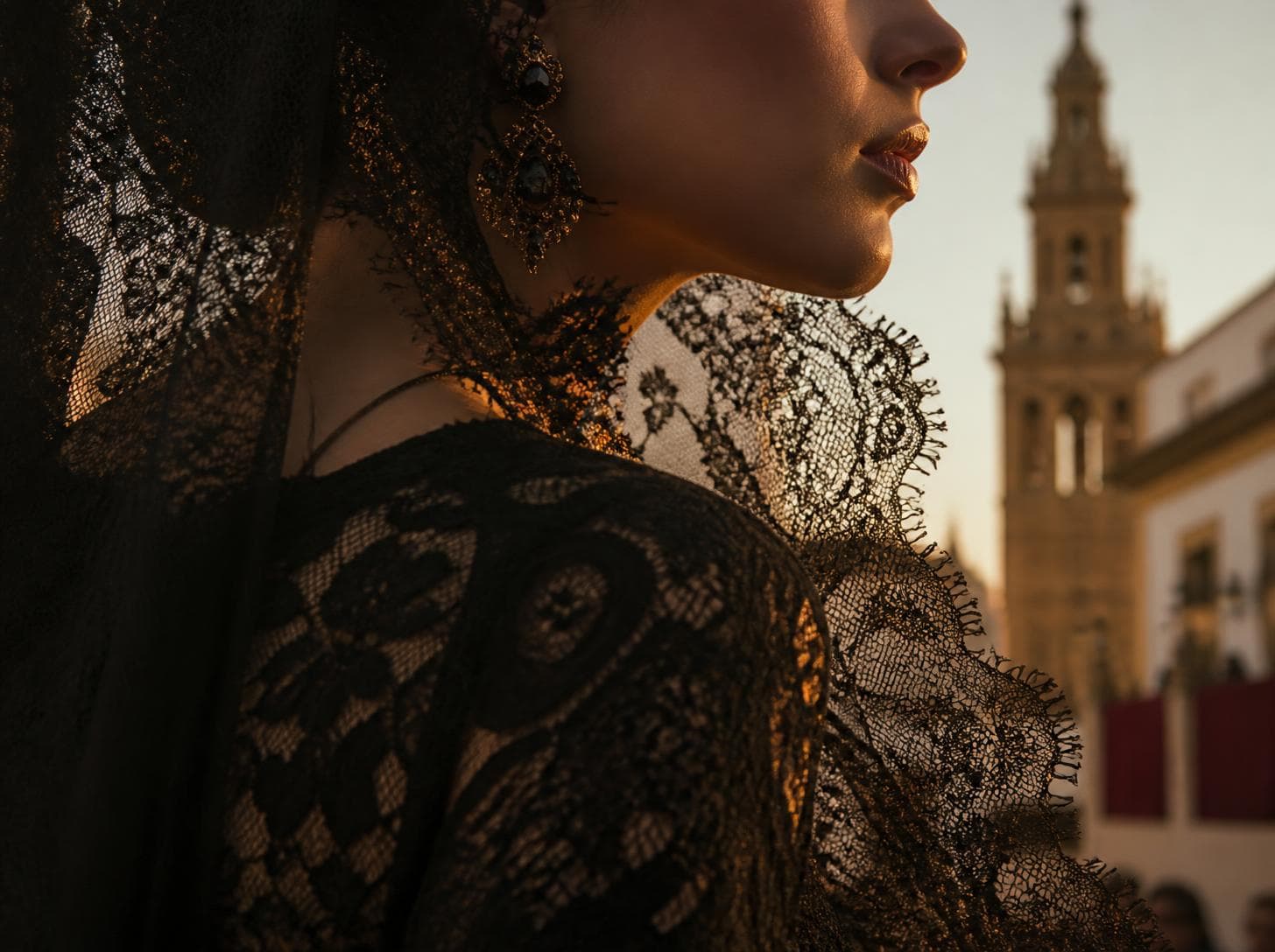 Detalle de encaje bordado a mano de una mantilla negra